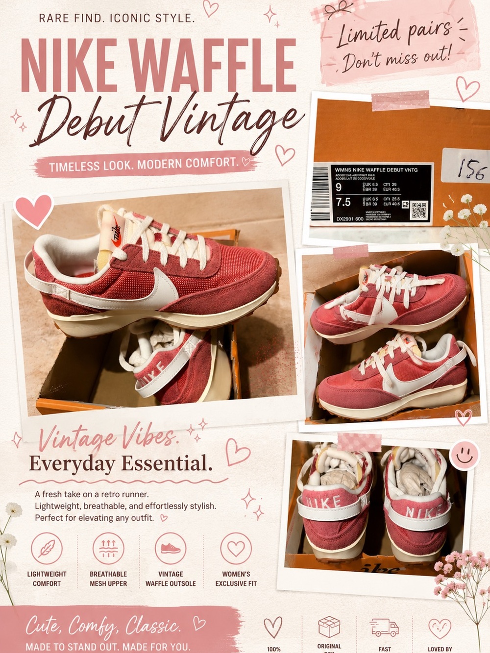 Nike WMNS Waffle Debut VNTG Sneakers - Adobe/Sail/Coconut Milk - Picture 4 of 7